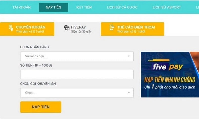 Hướng dẫn cách thức nạp tiền Five88 nhanh gọn nhất hiện nay